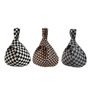 包邮 原创自制手拎包 文艺简约复古 小手提包 黑白格纹套结手腕部