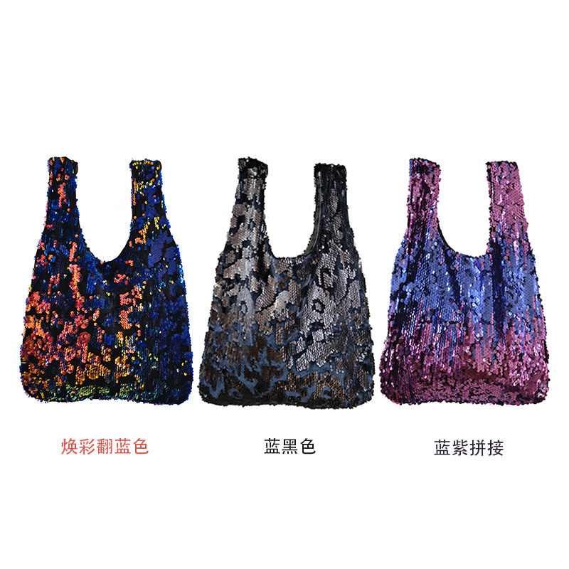 原创自制 焕彩丝绒蓝紫拼接亮片日式背心包 星星点点 珠片手拎包