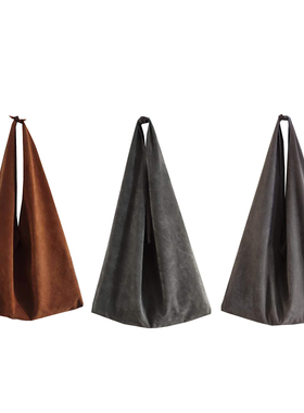 原创自制 文艺复古咖色 深灰色单肩包 打结包袱包 鹿皮绒日式布包