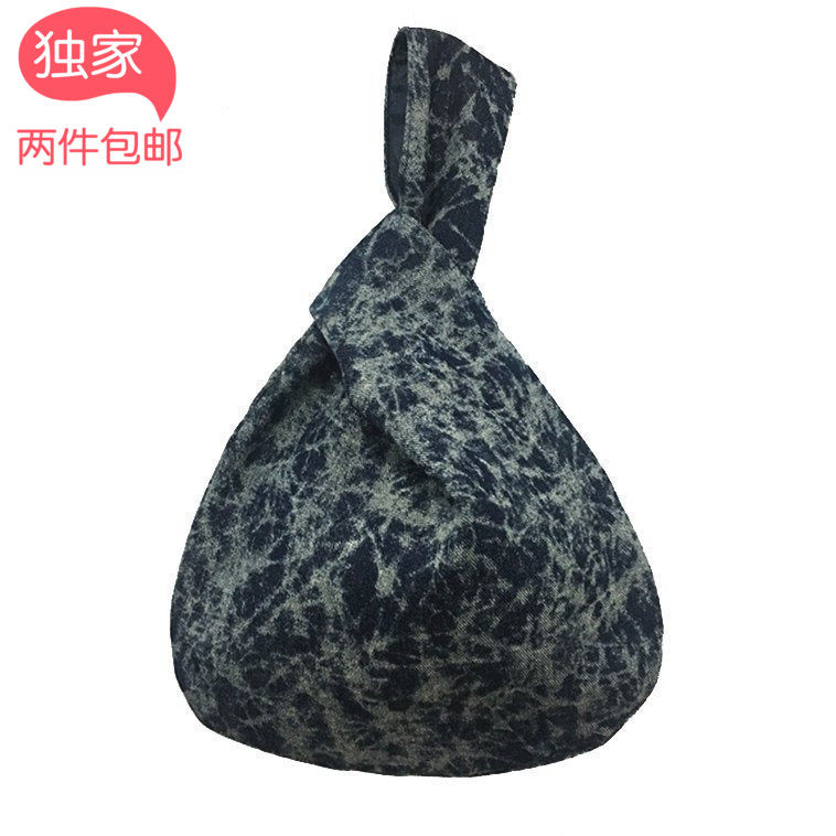 原创手工布包手拎包黑灰色 水洗牛仔布包手腕包 和风日系文艺复古