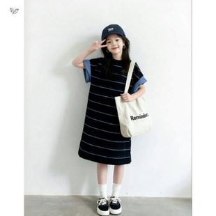 条纹女童连衣裙2026夏装新款儿童无袖裙子背心裙大童A字长款t恤裙