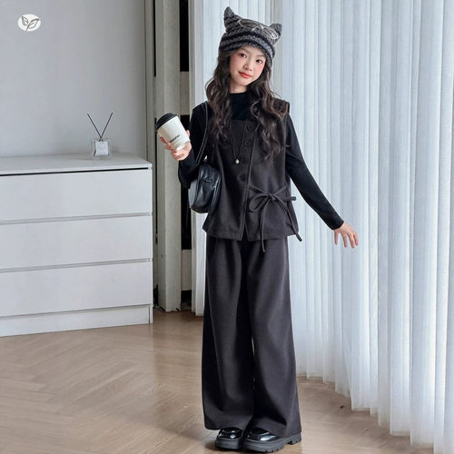 女童秋季新款英伦风呢马甲阔腿裤打底衫三件套春秋简约t恤直筒裤