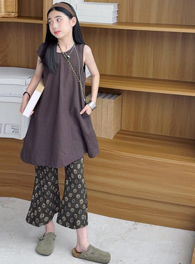 女童美拉德棉麻套装2026夏季新款中大童无袖中长T恤印花微喇长裤