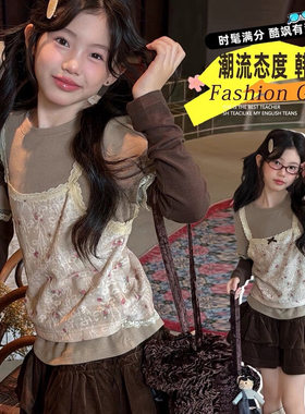 女童2026年秋季新款韩版假两件蕾丝吊带长袖T恤套装灯芯绒百褶裙