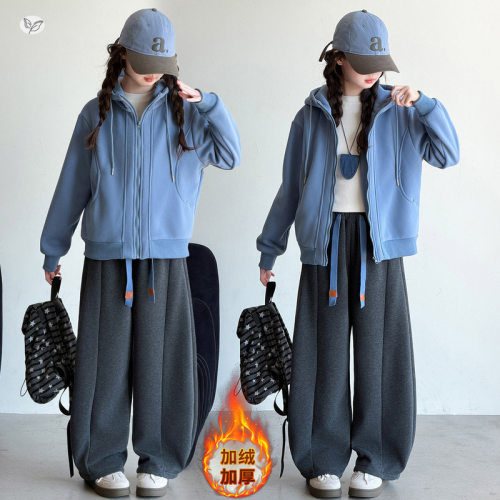 女童秋冬加绒韩版休闲卫衣卫裤套装中大童好看保暖开衫弯刀裤潮流