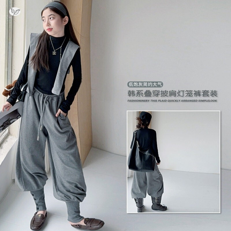 女童秋季新款韩版披肩半高领打底衫套装优质螺纹脚口束脚裤卫裤潮