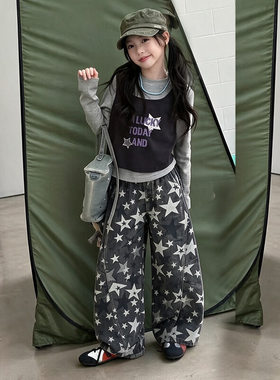 女童2026秋季新款韩版假两件长袖T恤套装女孩春秋迷彩五角星弯刀