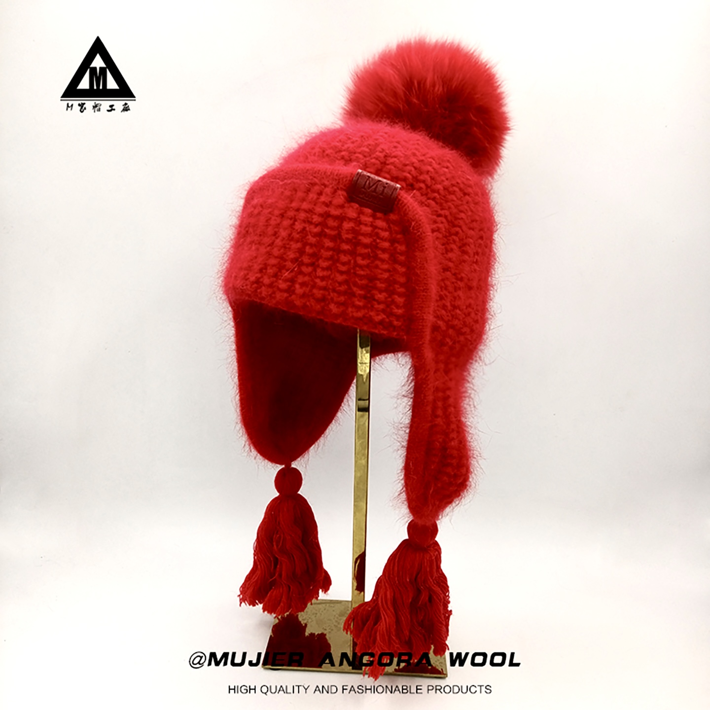 安哥拉兔毛护耳针织毛球帽秋冬