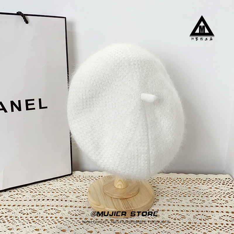 安哥拉兔毛贝雷帽女秋冬新款针织毛线画家帽韩系百搭蓓蕾帽显脸小