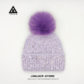 冰岛手钩亮片兔绒针织帽子女花少秋冬保暖大头围狐狸毛球毛线帽潮