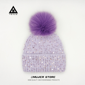 冰岛手钩亮片兔绒针织帽子女花少秋冬保暖大头围狐狸毛球毛线帽潮