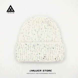 冰岛2025新款兔毛针织帽子女秋冬手钩亮片保暖羊毛套头毛线帽冷帽