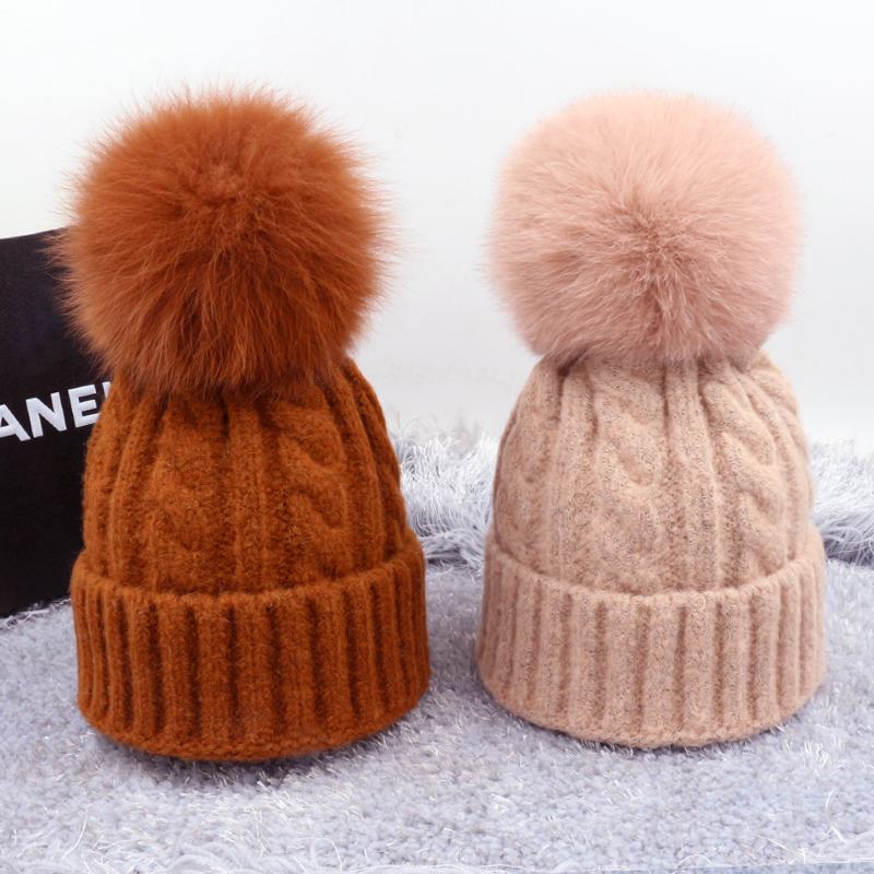 帽子女韩版秋冬狐狸毛球毛线帽潮百搭套头帽麻花纹羊毛混纺针织帽