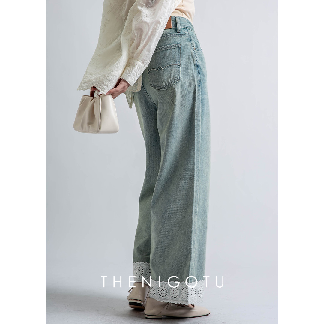 DOROTHY丨设计款花边做旧水洗牛仔裤女宽松高腰休闲直筒阔腿长裤