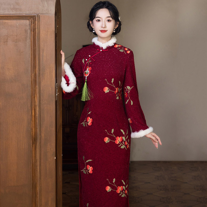 绣花红色冬装加绒加厚国风中式长款长袖旗袍2025新款女复古