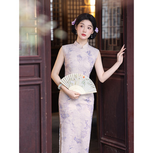 新中式紫色花卉印花旗袍女改良年轻款高级感日常素雅连衣裙夏季
