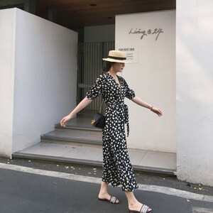 Coex Mall 首尔 黎香黑茶裙~韩国2025夏季黑色波点连衣裙雪纺长裙