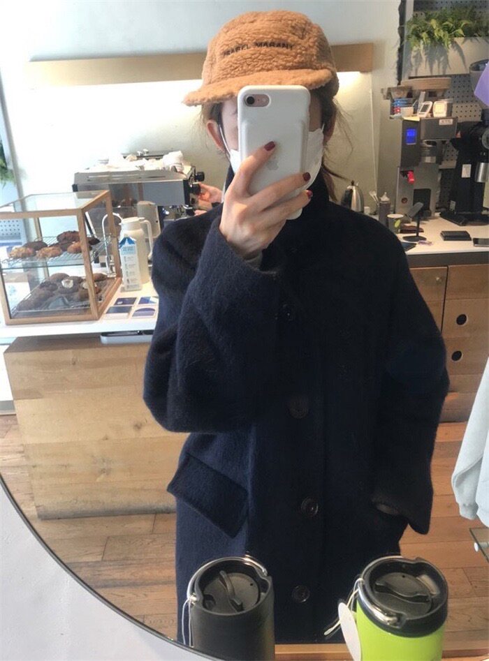 이미 한정판 한국 동대문 오버사이즈 브라운 & 블루 레트로 알파카 코트 여성용 롱 모직 코트