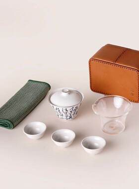 一条【松烟客】盖碗旅行茶具套装便携式三杯陶瓷白瓷茶杯礼物