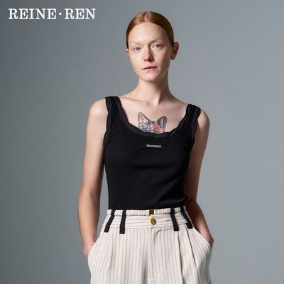 REINEREN设计师任茜 春夏款时尚黑色休闲修身大U领纽结无袖背心