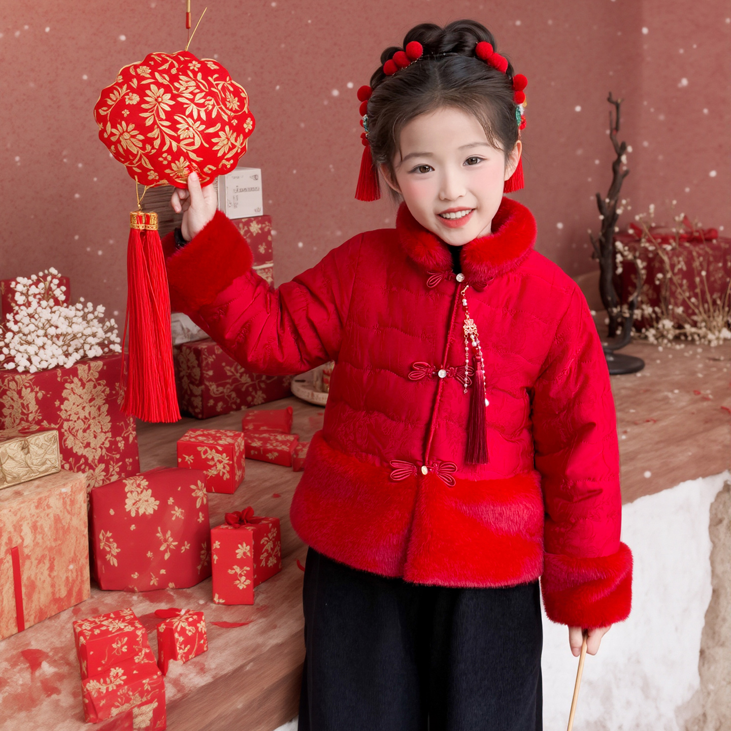 女童冬装红色加绒棉服拜年服