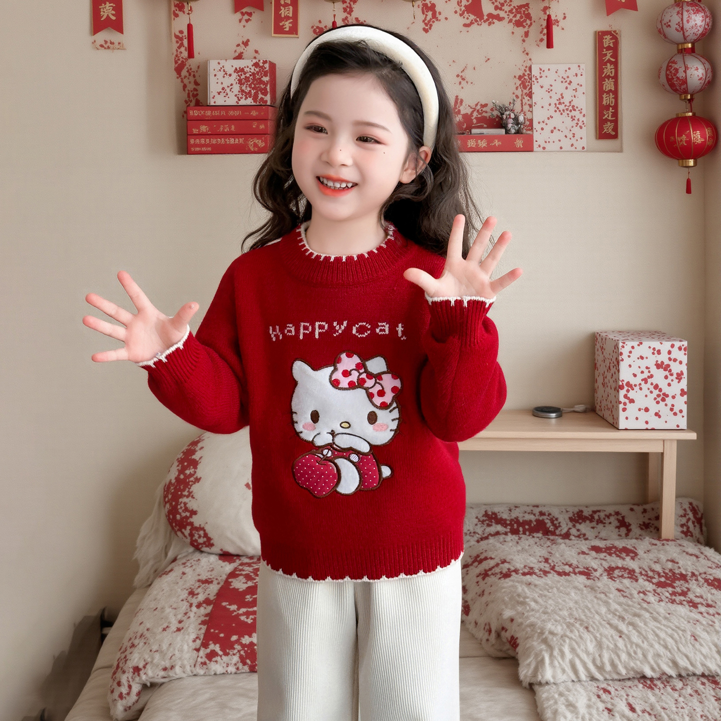 女童秋冬款加绒kt猫毛衣2025新款