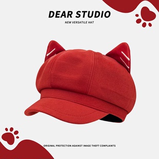 红色圣诞风猫耳朵八角帽女冬季保暖麂皮绒报童帽时尚百搭报童帽子