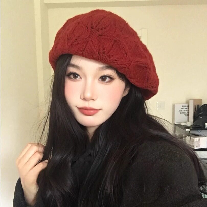 红色氛围感麻花针织贝雷帽女冬季保暖气质显脸小画家帽百搭报童帽