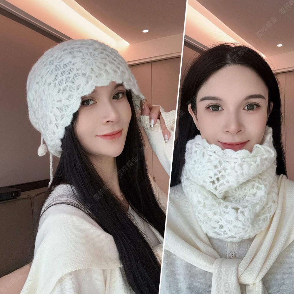 帽脖一体双层勾花针织毛线帽子女