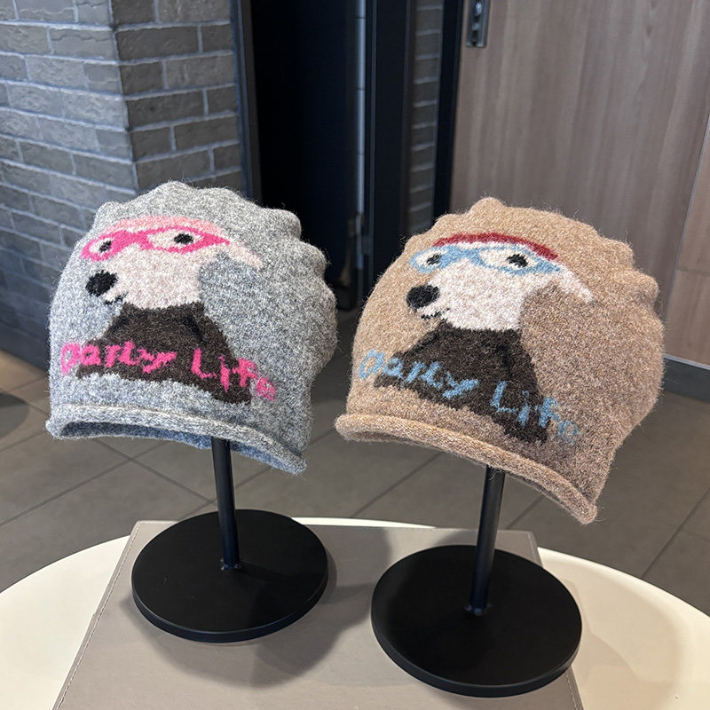 小狗卷边毛线帽女秋冬保暖护耳