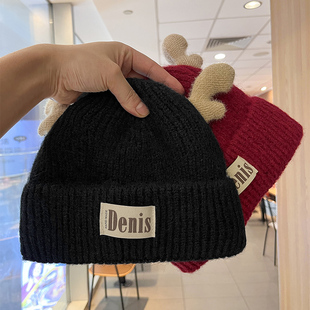 针织帽子女2025新款红色圣诞风可爱鹿角毛线帽加绒加厚护耳套头帽