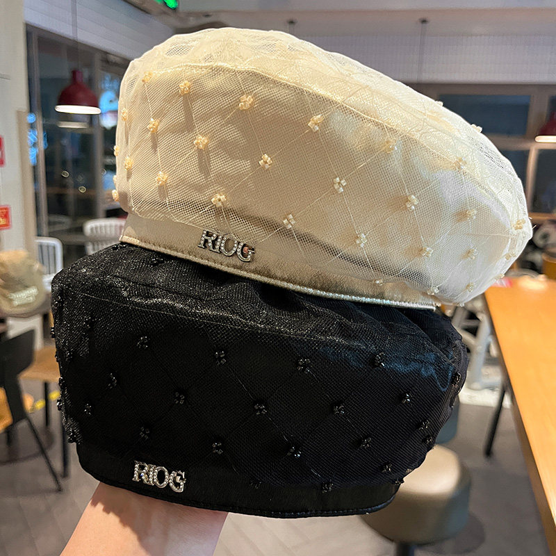 复古风网纱贝雷帽女春夏季薄款透气显脸小画家帽子时尚串珠蓓蕾帽