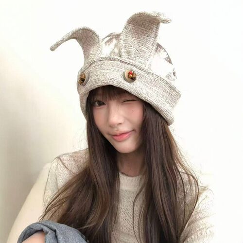 纽扣兔耳朵包头帽女秋冬款显脸小