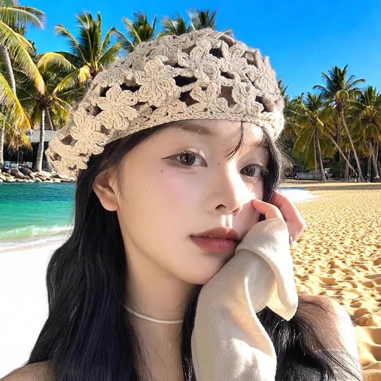 日系甜美氛围感贝雷帽女春夏季薄款镂空针织花朵画家帽显脸小帽子