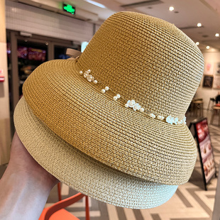 法式赫本风草帽女士大帽檐遮阳防晒帽时尚气质草编渔夫帽百搭帽子
