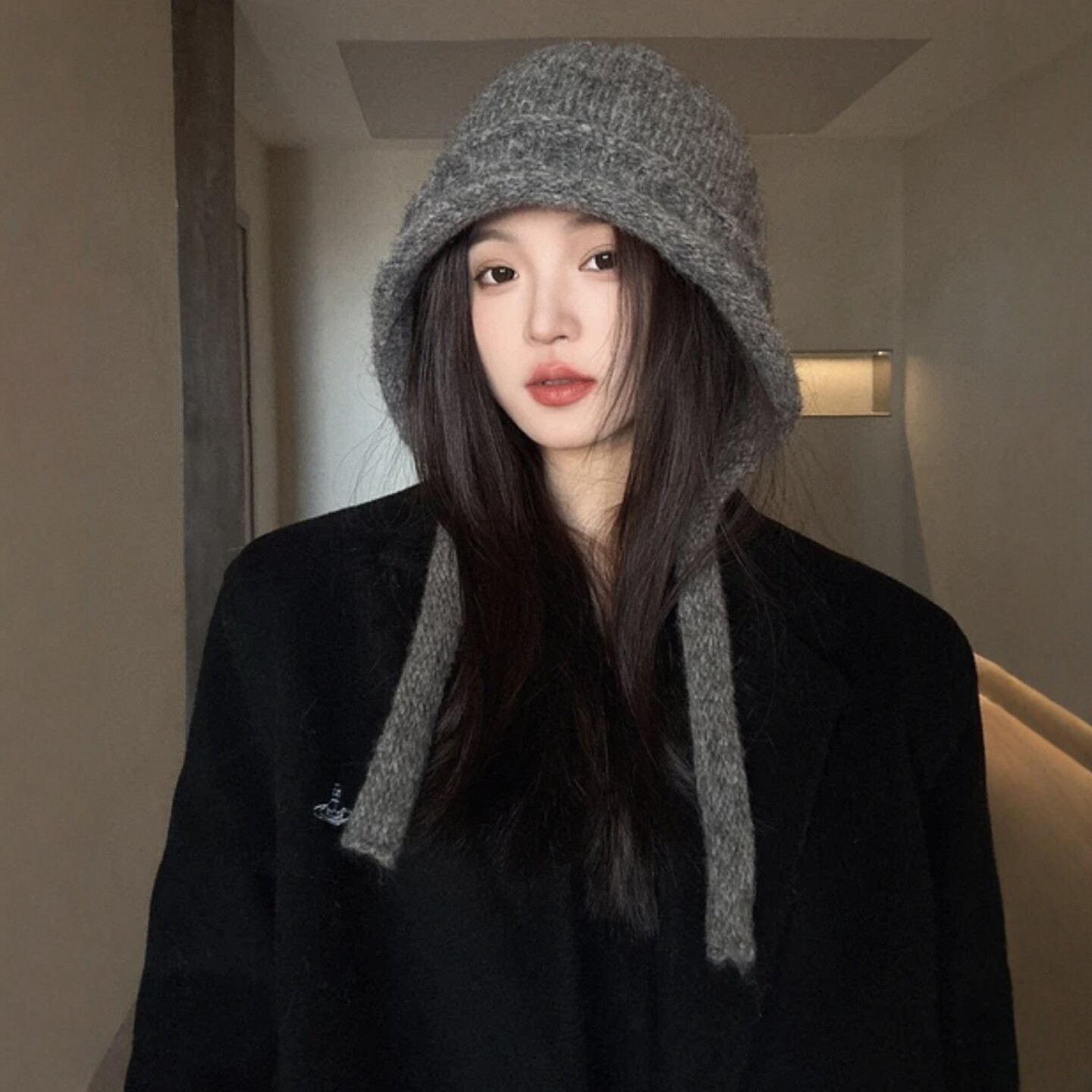 韩系ins卷边纯色针织护耳帽子女冬季保暖显脸小绑带巴拉克拉法帽