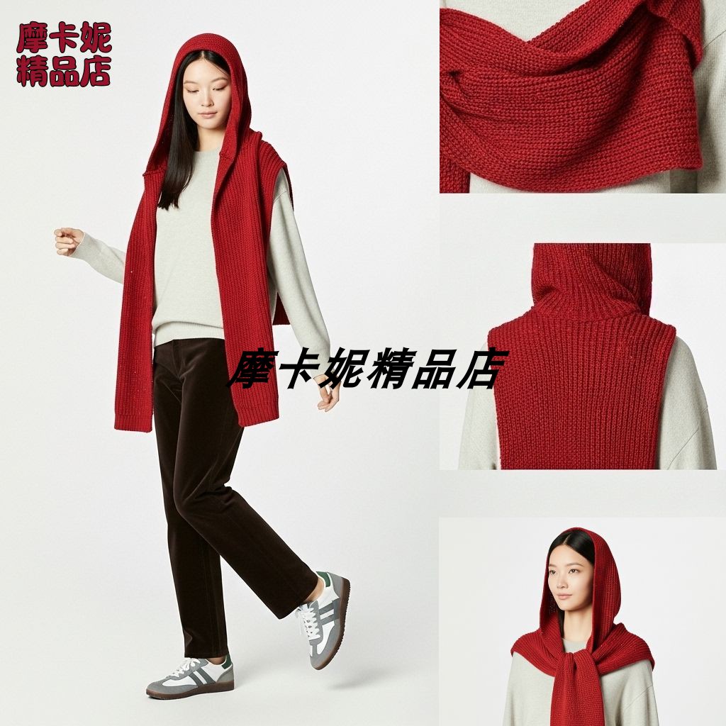 2025新款红色帽子披肩一体女士外搭秋冬季保暖时尚百搭学院风围巾
