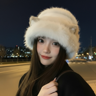 可爱猫咪耳朵毛绒帽子女款冬季加厚保暖防寒渔夫帽百搭氛围感盆帽