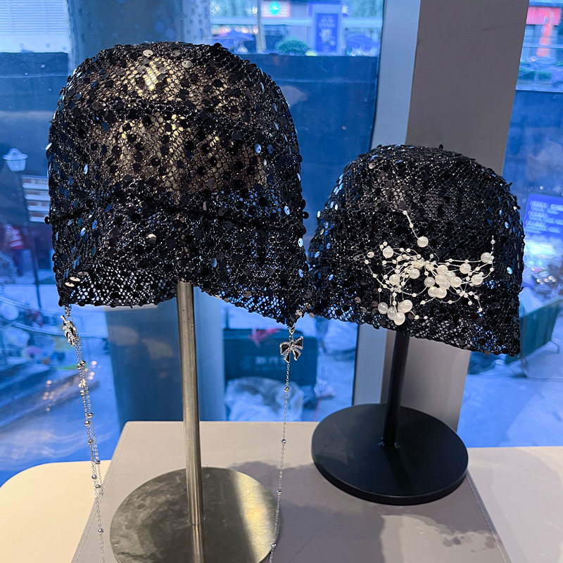 亮片网纱堆堆帽女夏季薄款套头帽