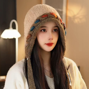 冬季氛围感绑带护耳帽子女款2025新款纯手工钩花复古民族风套头帽