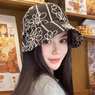 黑色遮阳帽女2025新款韩系时尚花朵刺绣鸭舌帽百搭气质防晒渔夫帽