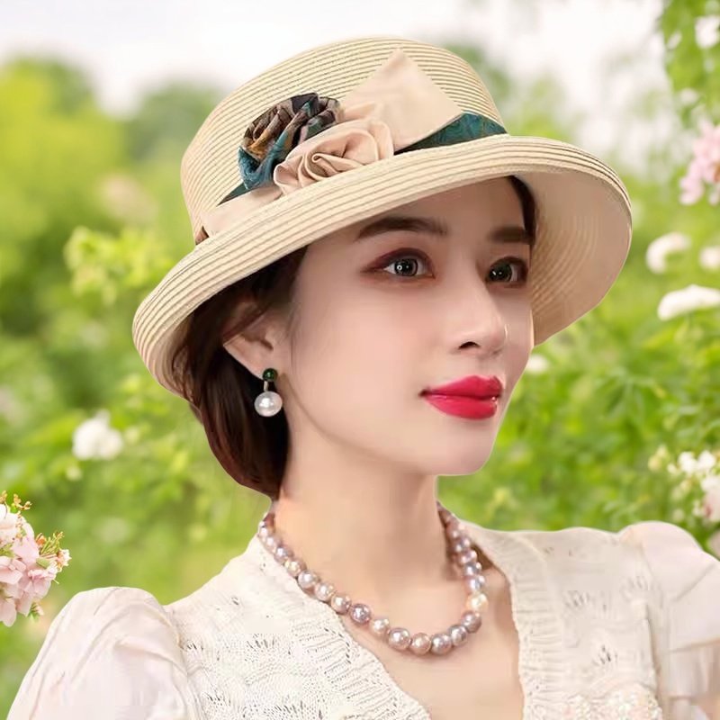 法式轻奢风草帽女2025新款气质优雅卷边花朵织带盆帽百搭草编帽子,服饰配件/皮带/帽子/围巾,帽子,淘宝优惠券,粉丝福利购,淘宝优惠卷