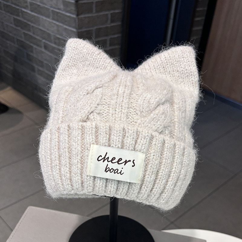 可爱猫耳朵毛线帽女秋冬款百搭