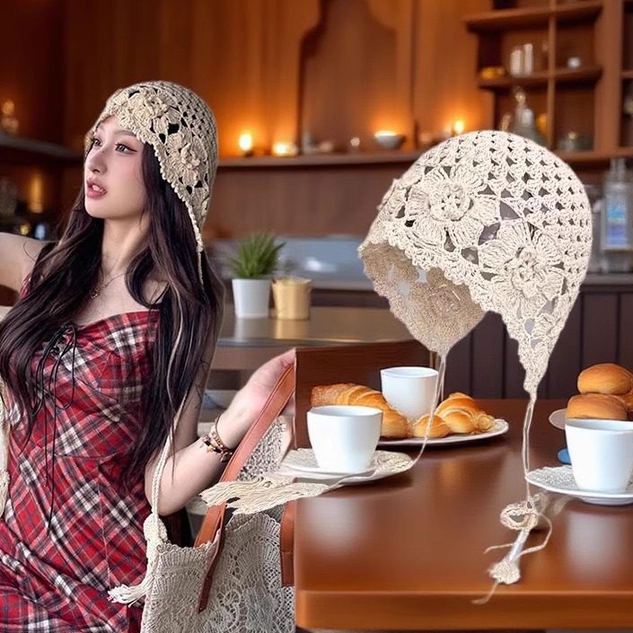 韩系手工勾花镂空针织帽女夏季薄款流苏护耳帽民族风百搭套头帽子