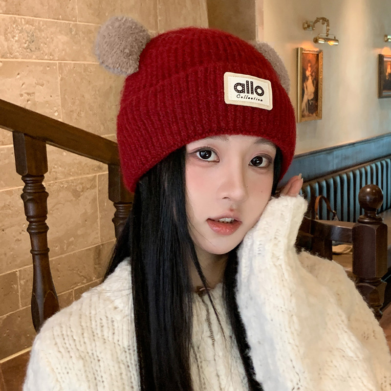 红色针织帽子女款2025新款可爱小熊耳朵毛线帽秋冬保暖防寒包头帽