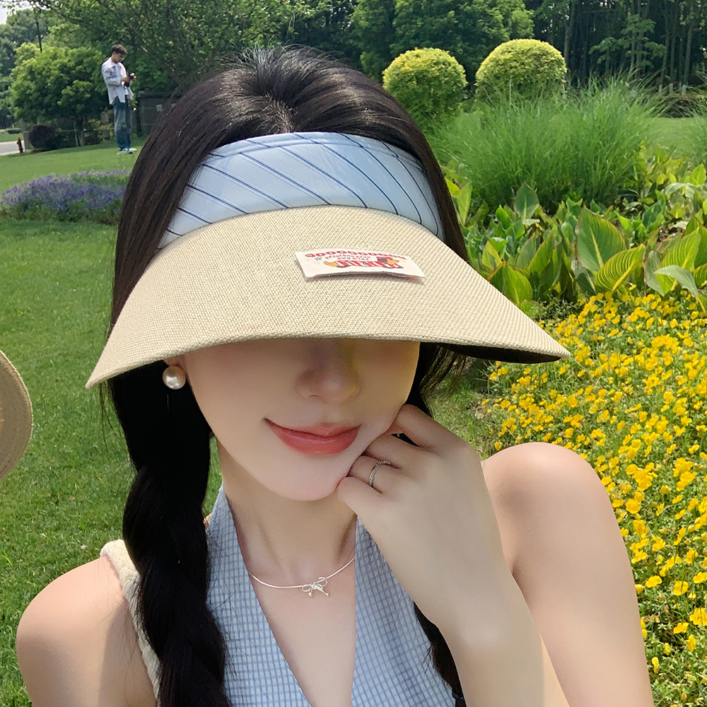 韩系小清新条纹空顶帽子女2025新款夏季卡通贴布腊肠狗防晒遮阳帽