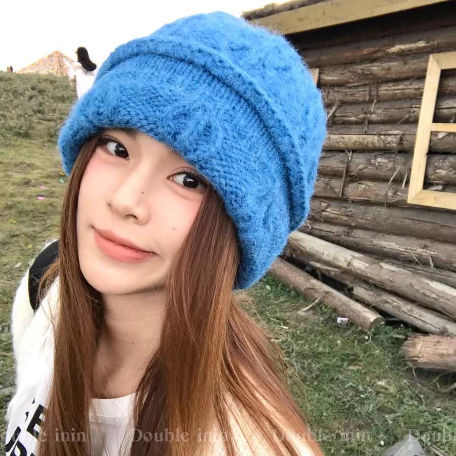 蓝色绞花氛围感针织冷帽女冬