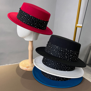 帽子女款2026新款时尚洋气水钻织带平顶礼帽秋冬季保暖毛呢遮阳帽