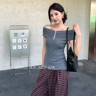 短袖 秀熙熙2025秋季 羊毛打底针织衫 白标新款 T恤女 一字领修身