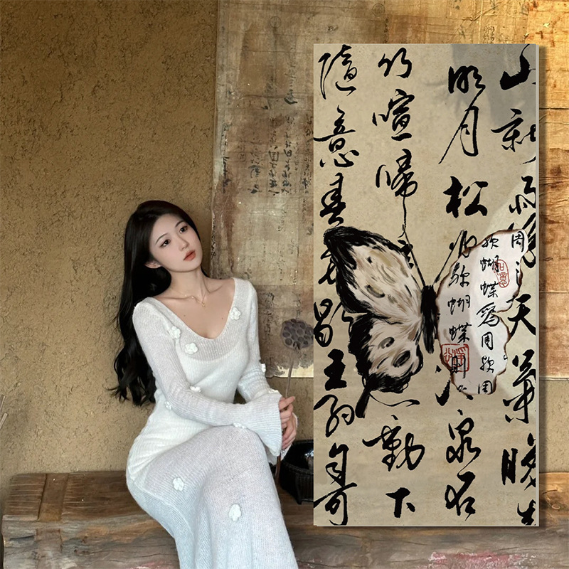 咖啡馆墙面贴纸画网红打卡拍照区茶室布置氛围高级感复古蝴蝶图片